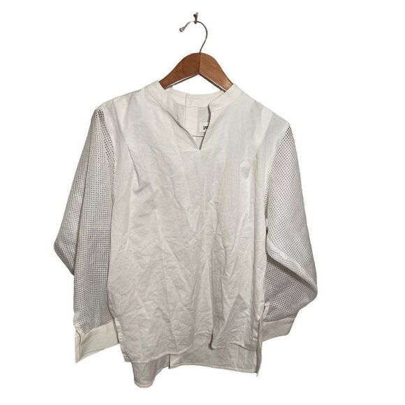 Urbane Cloth Sheer Mesh Sleeve Top Long Sleeve Button Back White - Picture 1 of 7